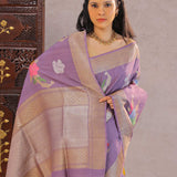 Lilac Purple Khadi Tussar Saree With Floral Design