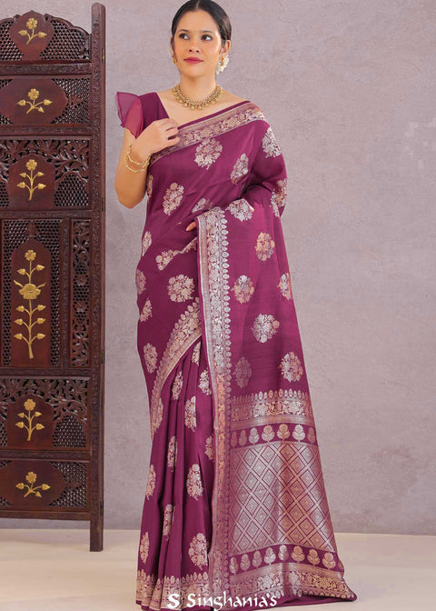 <img> Burgundy Munga Tussar Saree With Floral Butta'S