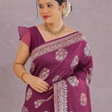 Burgundy Munga Tussar Saree With Floral Butta'S