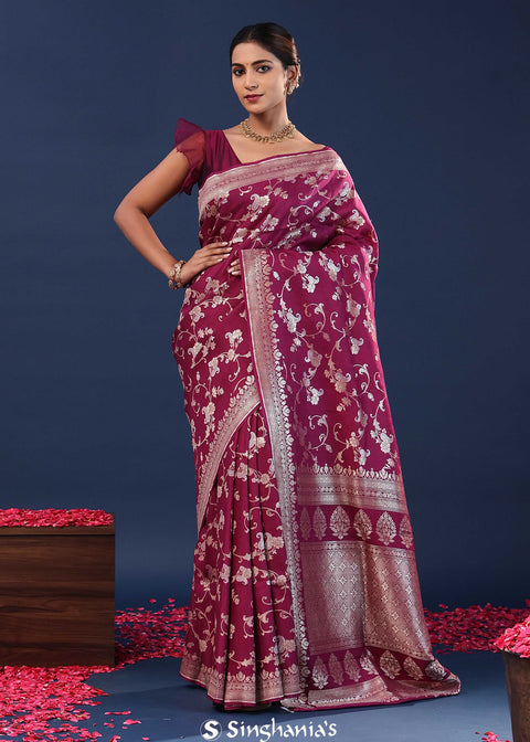 <img> Mulberry Wood Banarasi Saree With Floral Jaal