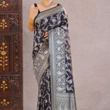 Navy Blue Banarasi Munga Tussar Silk Saree With Floral Jaal