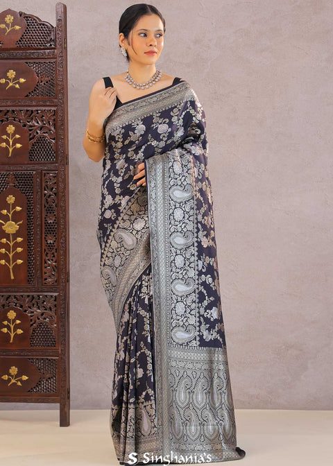 <img> Navy Blue Banarasi Munga Tussar Silk Saree With Floral Jaal