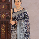 Navy Blue Banarasi Munga Tussar Silk Saree With Floral Jaal