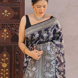 Navy Blue Banarasi Munga Tussar Silk Saree With Floral Jaal