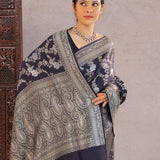 Navy Blue Banarasi Munga Tussar Silk Saree With Floral Jaal