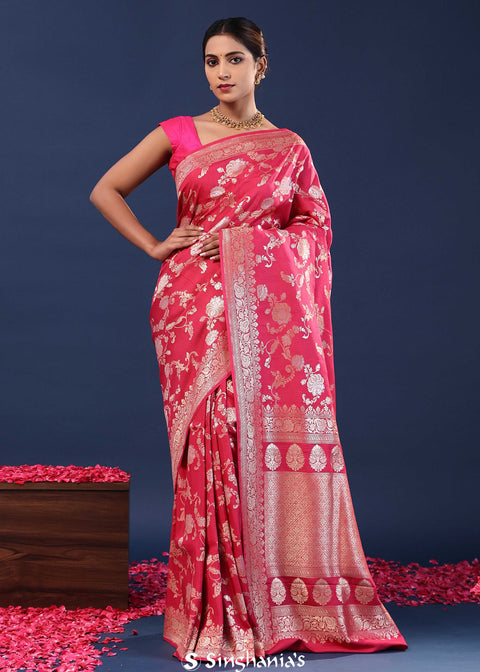 <img> Vivid Burgundy Banarasi Saree With Floral Weaving