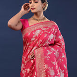 Vivid Burgundy Banarasi Saree With Floral Weaving