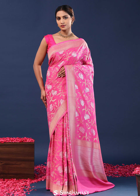 <img> Deep Cerise Pink Banarasi Saree With Floral Weaving