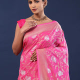 Deep Cerise Pink Banarasi Saree With Floral Weaving