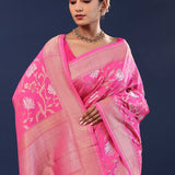 Deep Cerise Pink Banarasi Saree With Floral Weaving