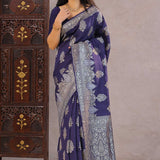 Very Dark Desaturated Blue Munga Tussar Saree With Floral Butta'S