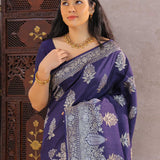 Very Dark Desaturated Blue Munga Tussar Saree With Floral Butta'S