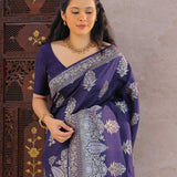 Very Dark Desaturated Blue Munga Tussar Saree With Floral Butta'S