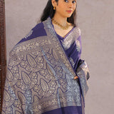 Very Dark Desaturated Blue Munga Tussar Saree With Floral Butta'S