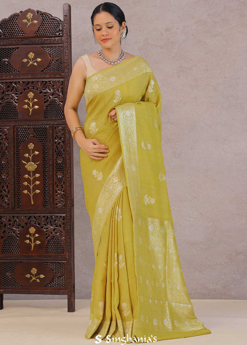 <img> Warm Olive Green Munga Tussar Saree With Butti'S