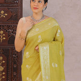 Warm Olive Green Munga Tussar Saree With Butti'S