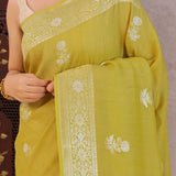 Warm Olive Green Munga Tussar Saree With Butti'S
