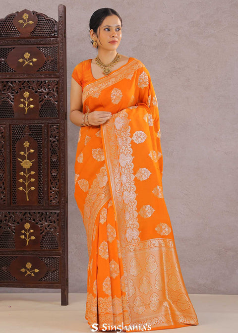 <img> International Orange Munga Tussar Saree With Butta'S