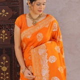 International Orange Munga Tussar Saree With Butta'S