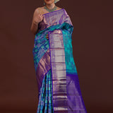 Blue Kanjivaram Silk Saree With Contrast Purple Border