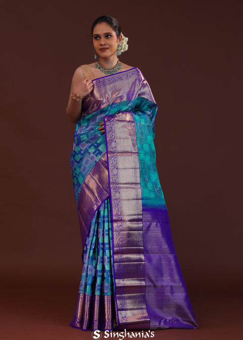 <img> Blue Kanjivaram Silk Saree With Contrast Purple Border