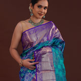 Blue Kanjivaram Silk Saree With Contrast Purple Border