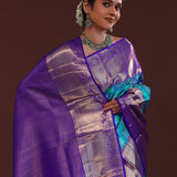 Blue Kanjivaram Silk Saree With Contrast Purple Border