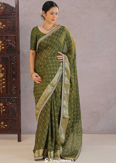 img> Mahendi Green Banarasi Silk Saree With Scallop Border