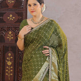 Mahendi Green Banarasi Silk Saree With Scallop Border