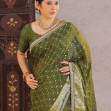 Mahendi Green Banarasi Silk Saree With Scallop Border