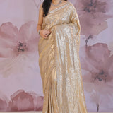 Almond Beige Fancy Tissue Saree With Sequins Work