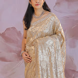 Almond Beige Fancy Tissue Saree With Sequins Work