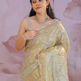 Golden Fancy Tissue Saree With Scallop Border