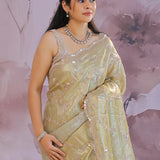 Golden Fancy Tissue Saree With Scallop Border