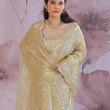 Golden Fancy Tissue Saree With Scallop Border