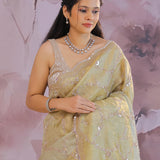 Golden Fancy Tissue Saree With Designer Border