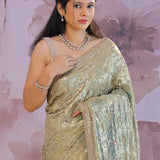 Gold Fancy Tissue Saree With Sequins And Beads Work