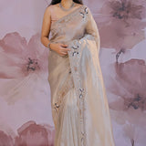 Light Cream Gray Organza Tissue Saree With Scallop Border