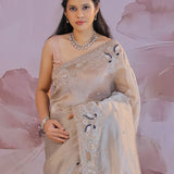 Light Cream Gray Organza Tissue Saree With Scallop Border