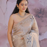 Light Cream Gray Organza Tissue Saree With Scallop Border