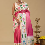 Pink Kanjivaram Silk Saree With Checks Pattern With Kalamkari Border