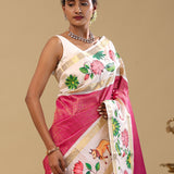 Pink Kanjivaram Silk Saree With Checks Pattern With Kalamkari Border