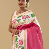 Pink Kanjivaram Silk Saree With Checks Pattern With Kalamkari Border