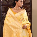 Yellow Banarasi Silk Saree With Meenakari Design