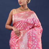 Raspberry Rose Banarasi Saree With Floral Weaving