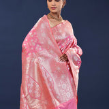 Raspberry Rose Banarasi Saree With Floral Weaving