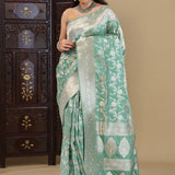 Cyan Blue Banarasi Silk Saree With Floral Jaal