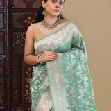Cyan Blue Banarasi Silk Saree With Floral Jaal