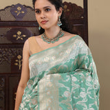 Cyan Blue Banarasi Silk Saree With Floral Jaal
