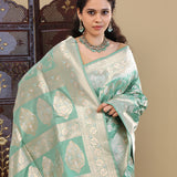 Cyan Blue Banarasi Silk Saree With Floral Jaal